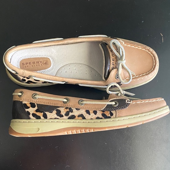 Sperry Leopard-Trim Tan Leather Boat Moccasins - Picture 2 of 7